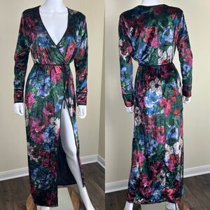 Zara Women's Size S Floral Velvet Wrap Duster Maxi Dress Robe Cardigan Blogger